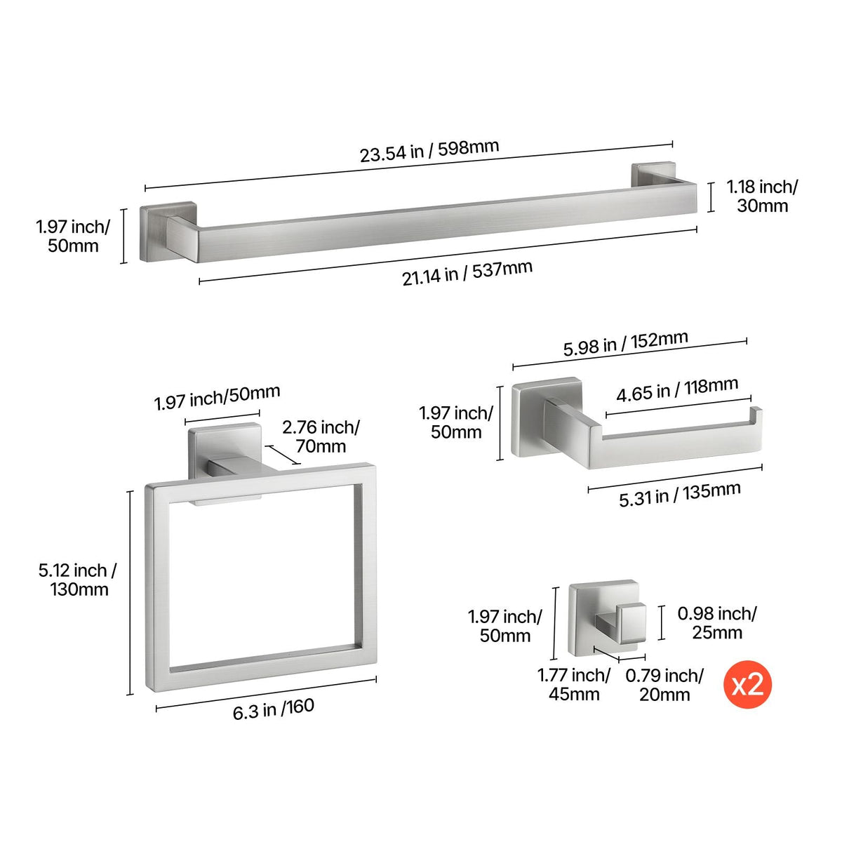 Brushed Nickel Bathroom Hardware Set, 5 Pieces Bathroom Accessories Set, Stainless Steel 24 inch Towel Bar, Towel Rack, 2 Robe Towel Hooks, Toilet Paper Holder for Bath Room, Wall Mounted