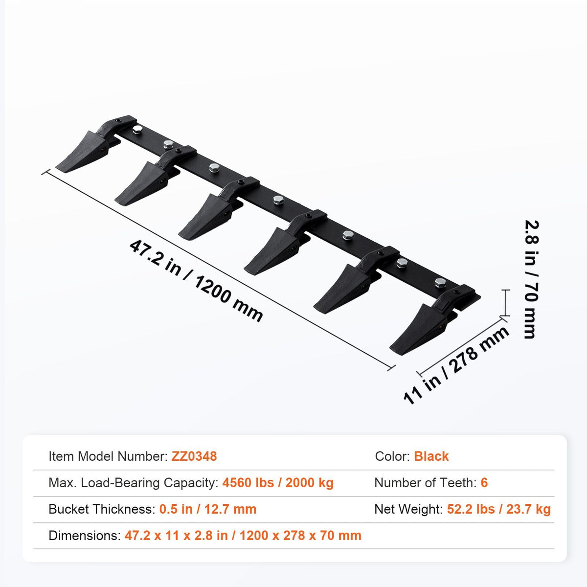 Bucket Tooth Bar, 48'', Heavy Duty Tractor Bucket 6 Teeth Bar for Loader Tractor Skidsteer, 4560 lbs Load-Bearing Capacity Bolt On Design, for Efficient Soil Excavation and Bucket Protection