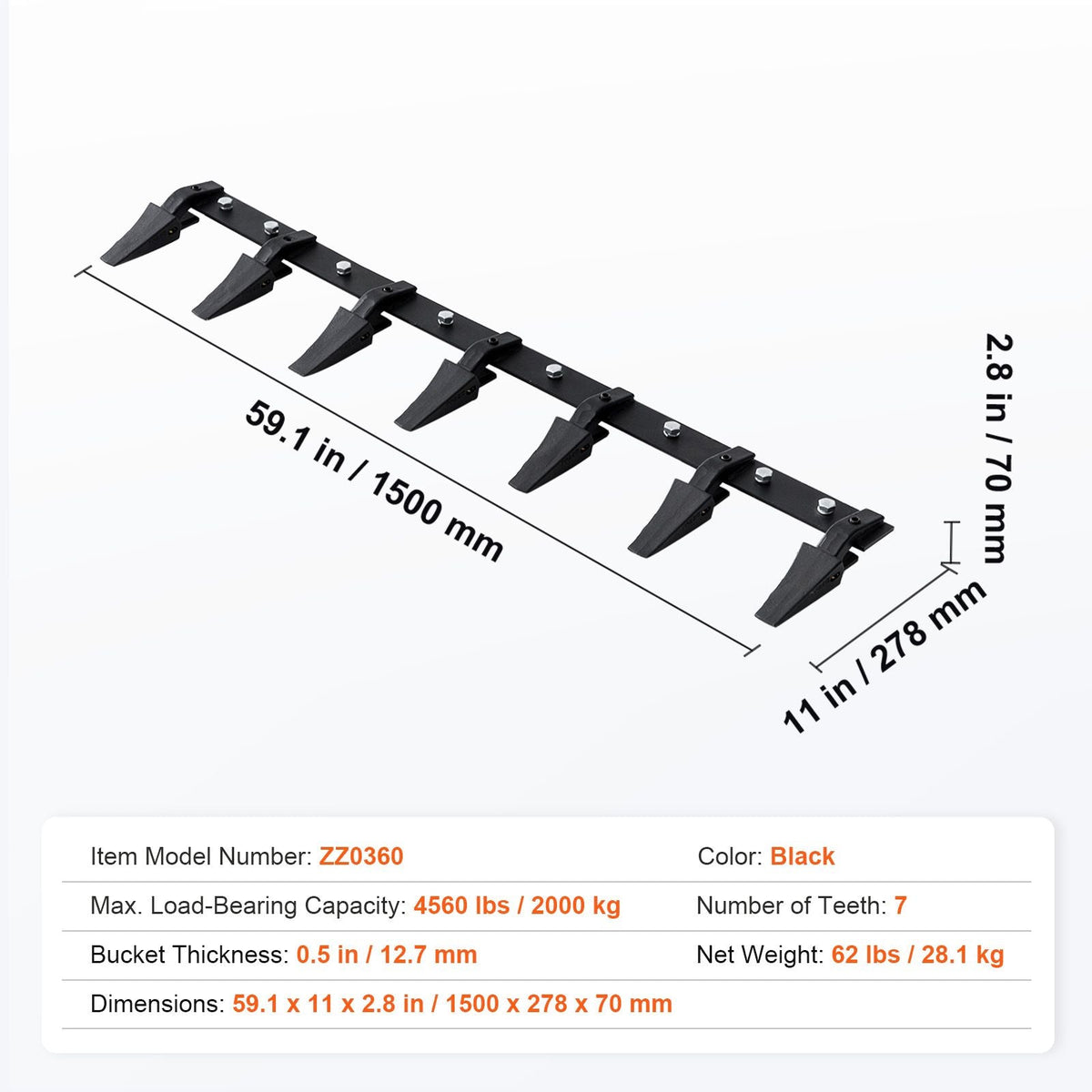 Bucket Tooth Bar, 60'', Heavy Duty Tractor Bucket 7 Teeth Bar for Loader Tractor Skidsteer, 4560 lbs Load-Bearing Capacity Bolt On Design, for Efficient Soil Excavation and Bucket Protection