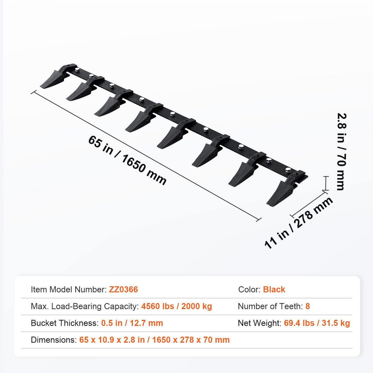 Bucket Tooth Bar, 66'', Heavy Duty Tractor Bucket 8 Teeth Bar for Loader Tractor Skidsteer, 4560 lbs Load-Bearing Capacity Bolt On Design, for Efficient Soil Excavation and Bucket Protection