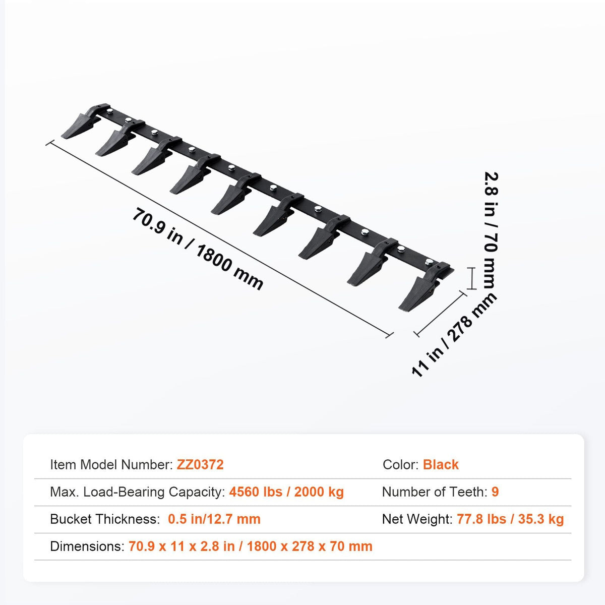 Bucket Tooth Bar, 72'', Heavy Duty Tractor Bucket 9 Teeth Bar for Loader Tractor Skidsteer, 4560 lbs Load-Bearing Capacity Bolt On Design, for Efficient Soil Excavation and Bucket Protection
