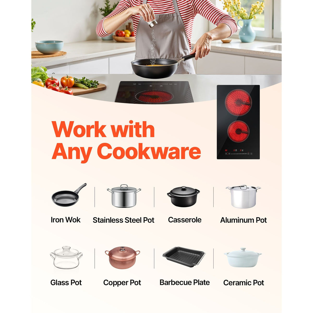 Built in Electric Stove Top, 20 x 11.6 inch 2 Burners, 240V Glass Radiant Cooktop with Sensor Touch Control, Timer & Child Lock Included, 9 Power Levels for Simmer Steam Slow Cook Fry