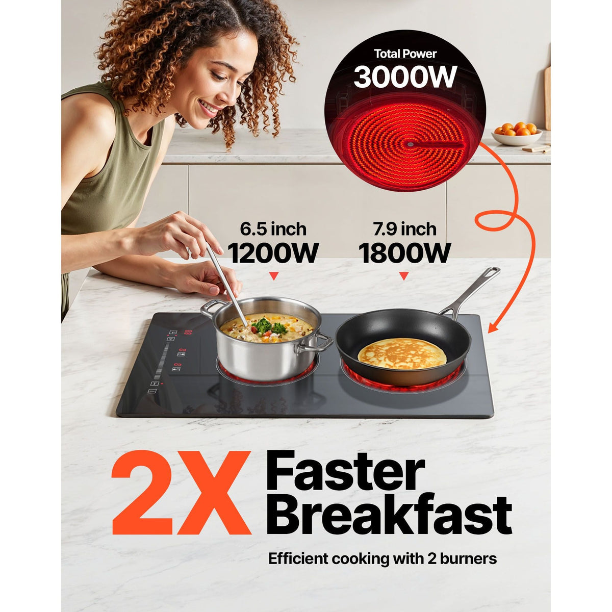 Built in Electric Stove Top, 20 x 11.6 inch 2 Burners, 240V Glass Radiant Cooktop with Sensor Touch Control, Timer & Child Lock Included, 9 Power Levels for Simmer Steam Slow Cook Fry