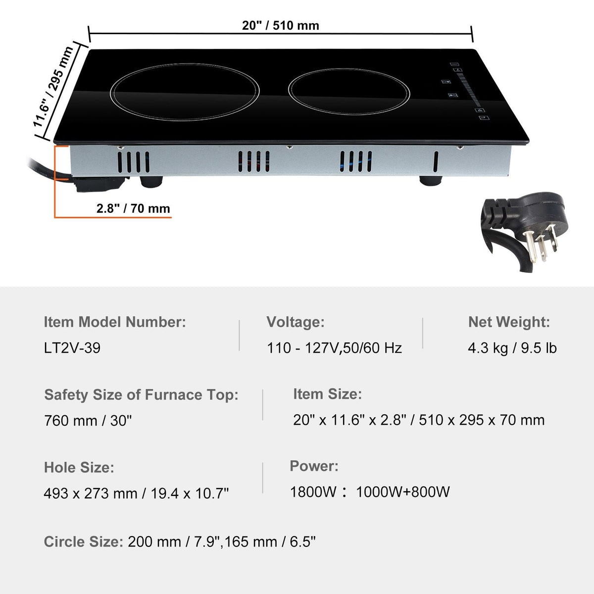 Built in Electric Stove Top, 20 x 11.6 inch 2 Burners, 240V Glass Radiant Cooktop with Sensor Touch Control, Timer & Child Lock Included, 9 Power Levels for Simmer Steam Slow Cook Fry
