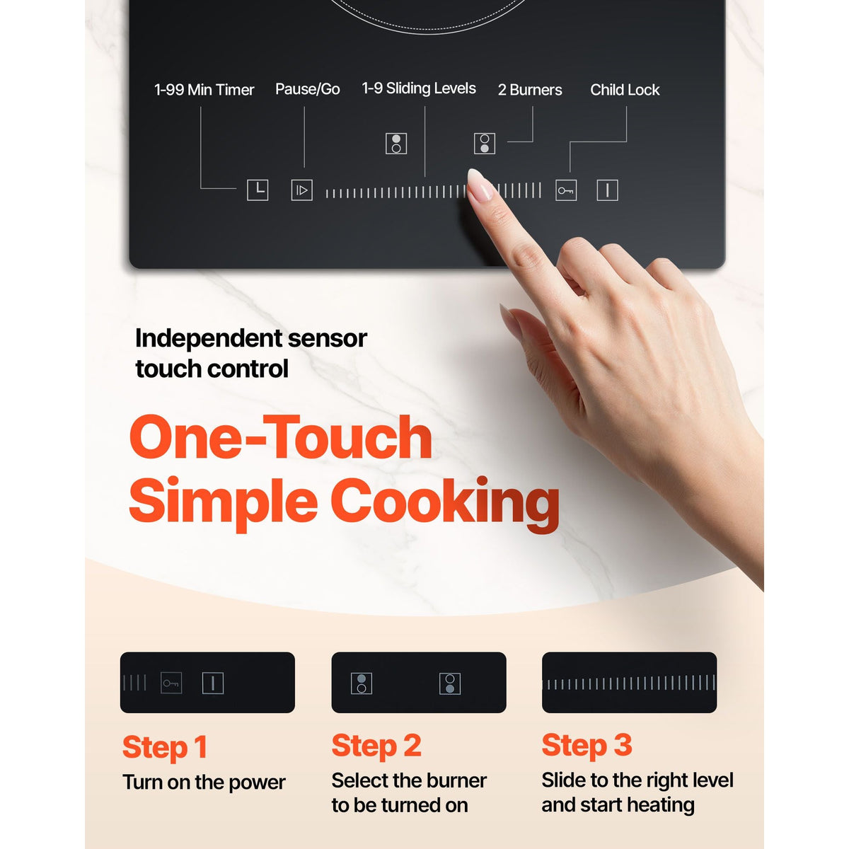 Built in Electric Stove Top, 20 x 11.6 inch 2 Burners, 240V Glass Radiant Cooktop with Sensor Touch Control, Timer & Child Lock Included, 9 Power Levels for Simmer Steam Slow Cook Fry