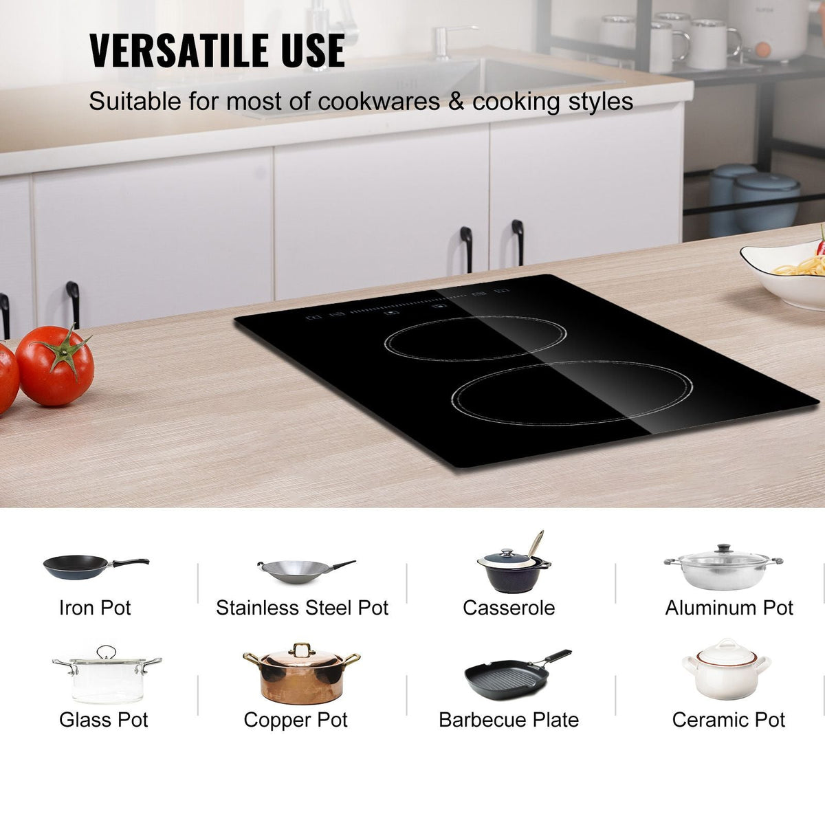 Built in Electric Stove Top, 20 x 11.6 inch 2 Burners, 240V Glass Radiant Cooktop with Sensor Touch Control, Timer & Child Lock Included, 9 Power Levels for Simmer Steam Slow Cook Fry