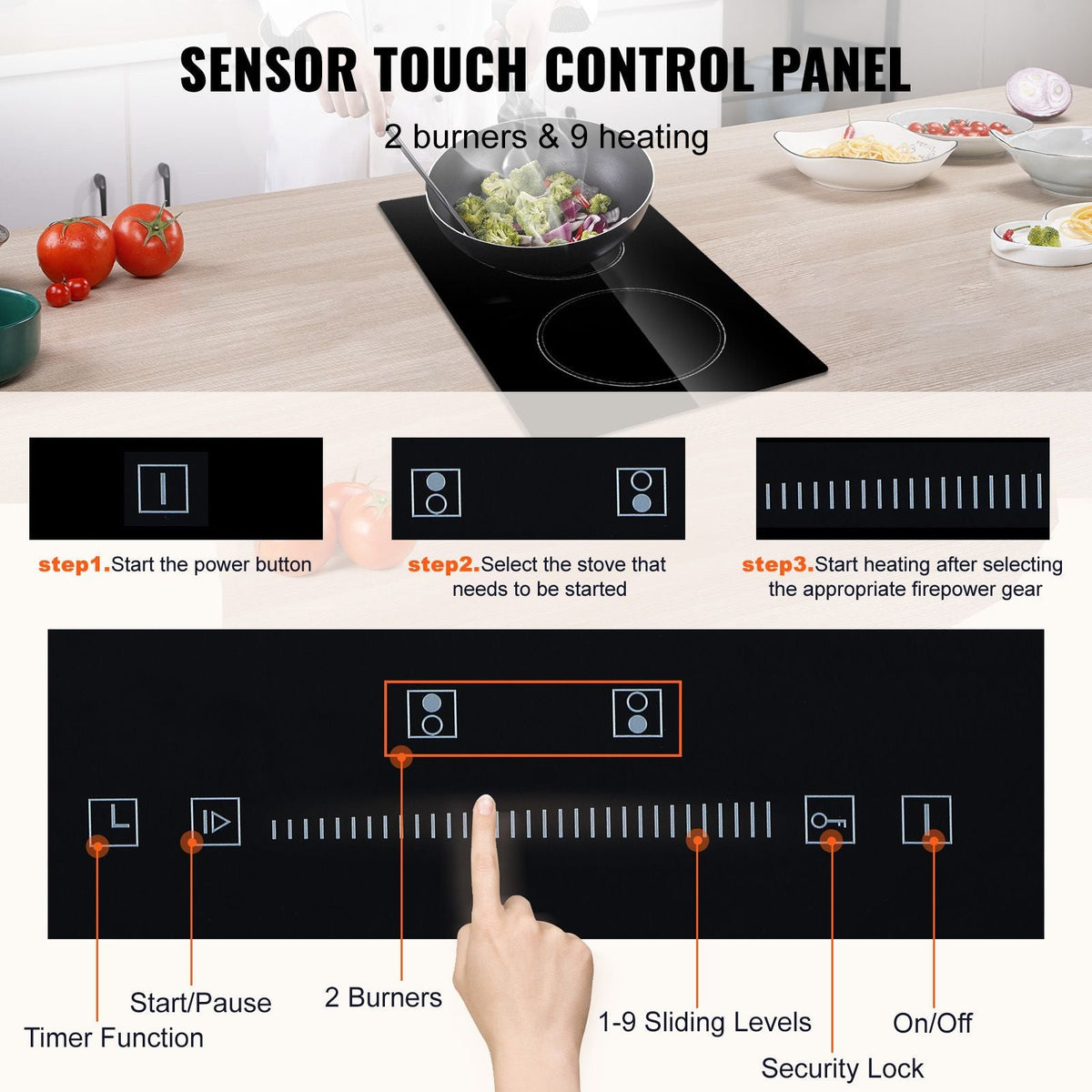 Built in Electric Stove Top, 20 x 11.6 inch 2 Burners, 240V Glass Radiant Cooktop with Sensor Touch Control, Timer & Child Lock Included, 9 Power Levels for Simmer Steam Slow Cook Fry