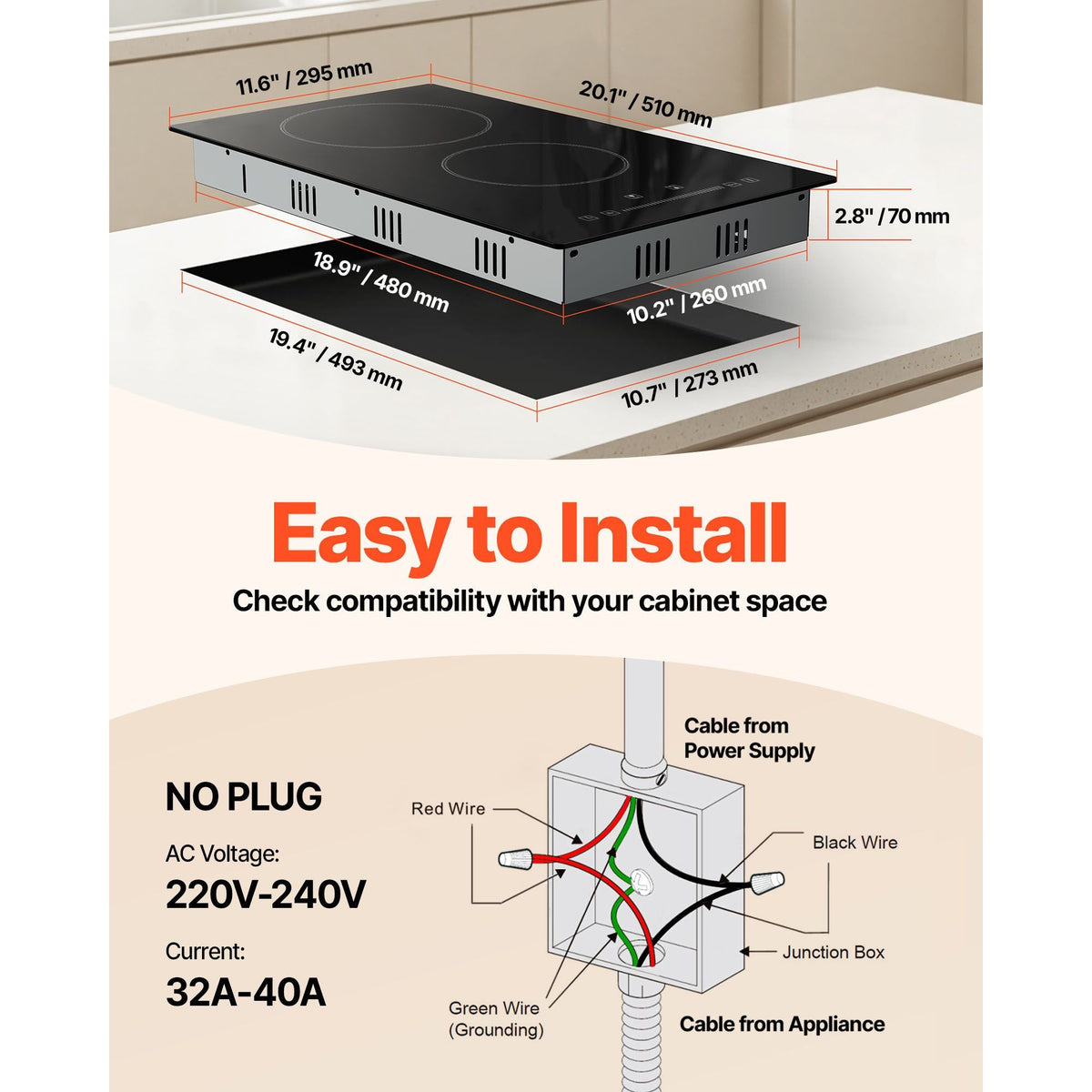Built in Electric Stove Top, 20 x 11.6 inch 2 Burners, 240V Glass Radiant Cooktop with Sensor Touch Control, Timer & Child Lock Included, 9 Power Levels for Simmer Steam Slow Cook Fry