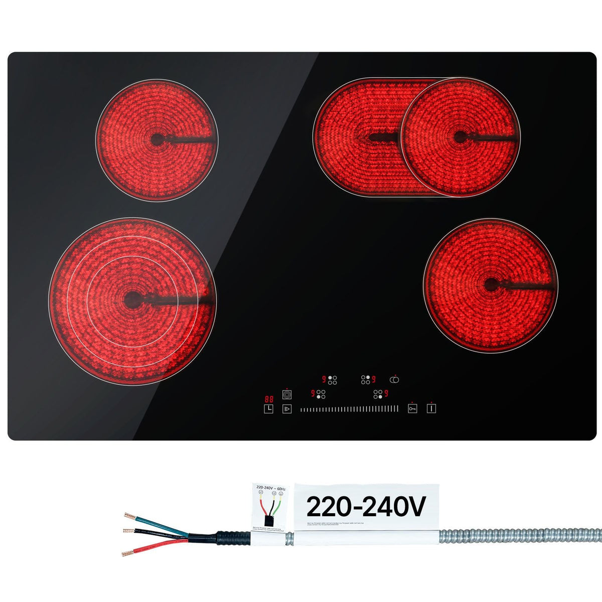 Built in Electric Stove Top, 30.3 x 20.5 inch 4 Burners, 240V Glass Radiant Cooktop with Sensor Touch Control, Timer & Child Lock Included, 9 Power Levels for Simmer Steam Slow Cook Fry