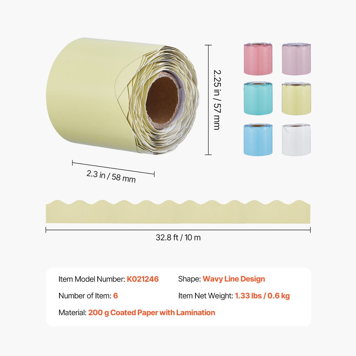 Bulletin Board Borders, 6 Rolls 32.8 Feet Scalloped Bulletin Board Borders, Boho Rolled Border Trim with Wavy Line Design, Colorful Pastel Borders for School Classroom Party & Wall Decoration