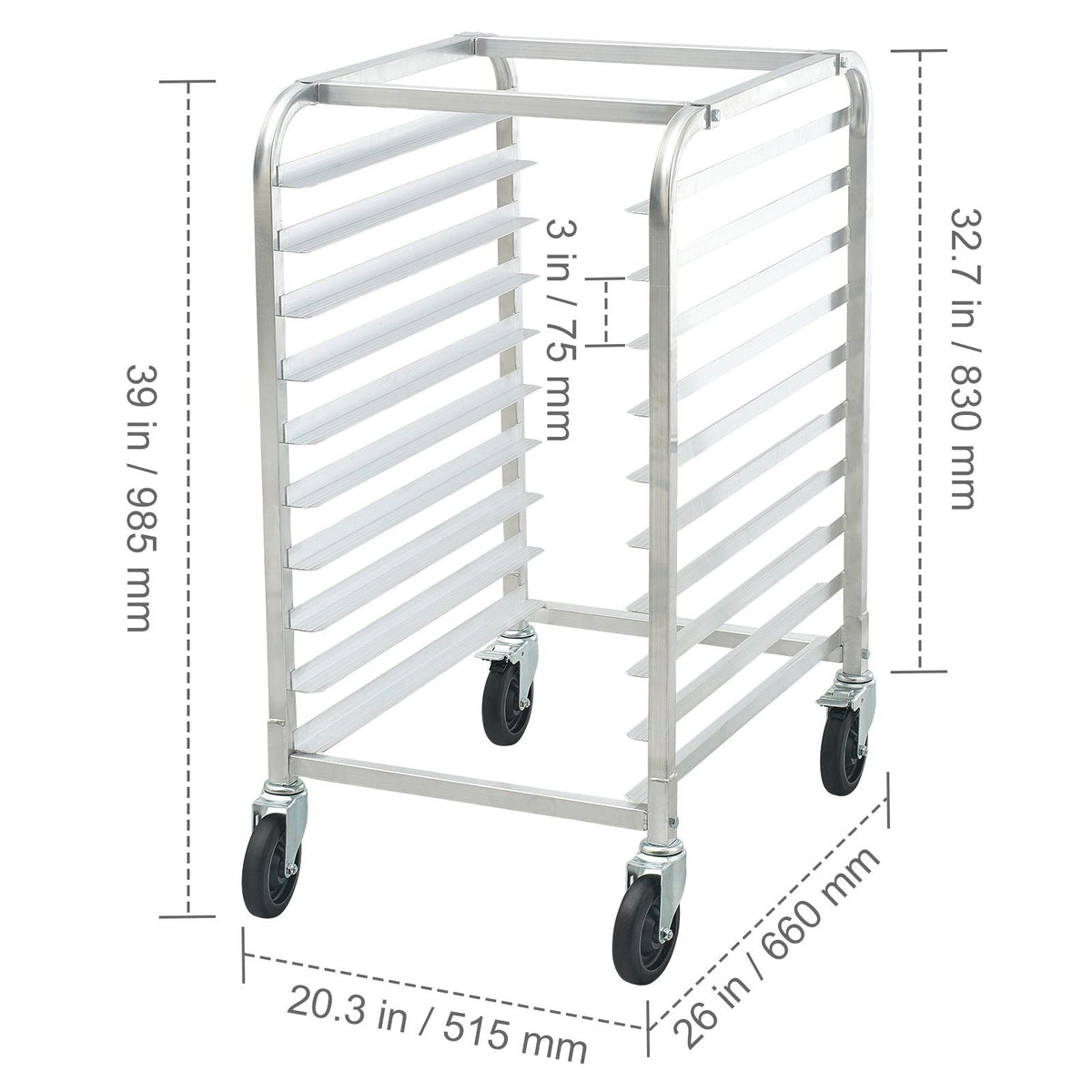 Bun Pan Rack, 10-Tier Commercial Bakery Racks with Brake Wheels, Aluminum Racking Trolley Storage for Half & Full Sheet, Speed Rack For Kitchen Home, Bread Baking Equipment, 26"L x 20.3"W x 39"H