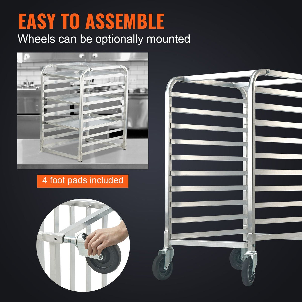 Bun Pan Rack, 10-Tier Commercial Bakery Racks with Brake Wheels, Aluminum Racking Trolley Storage for Half & Full Sheet, Speed Rack For Kitchen Home, Bread Baking Equipment, 26"L x 20.3"W x 39"H