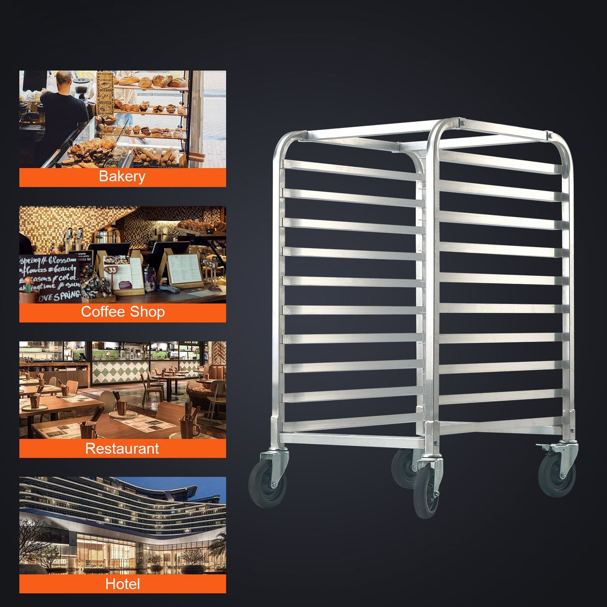Bun Pan Rack, 10-Tier Commercial Bakery Racks with Brake Wheels, Aluminum Racking Trolley Storage for Half & Full Sheet, Speed Rack For Kitchen Home, Bread Baking Equipment, 26"L x 20.3"W x 39"H