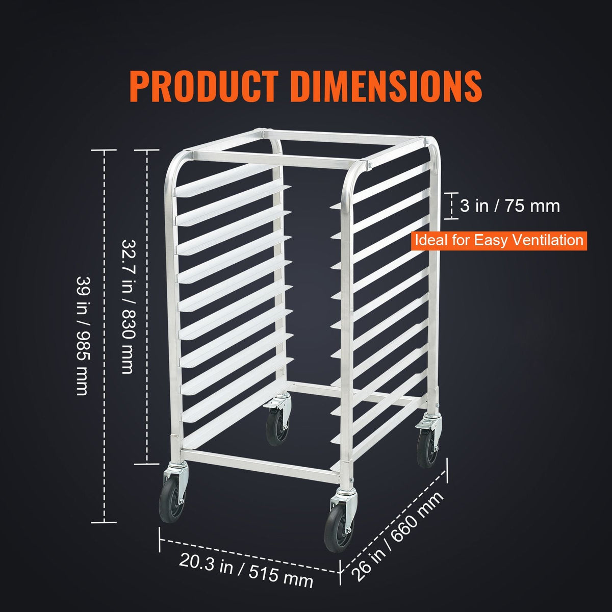 Bun Pan Rack, 10-Tier Commercial Bakery Racks with Brake Wheels, Aluminum Racking Trolley Storage for Half & Full Sheet, Speed Rack For Kitchen Home, Bread Baking Equipment, 26"L x 20.3"W x 39"H