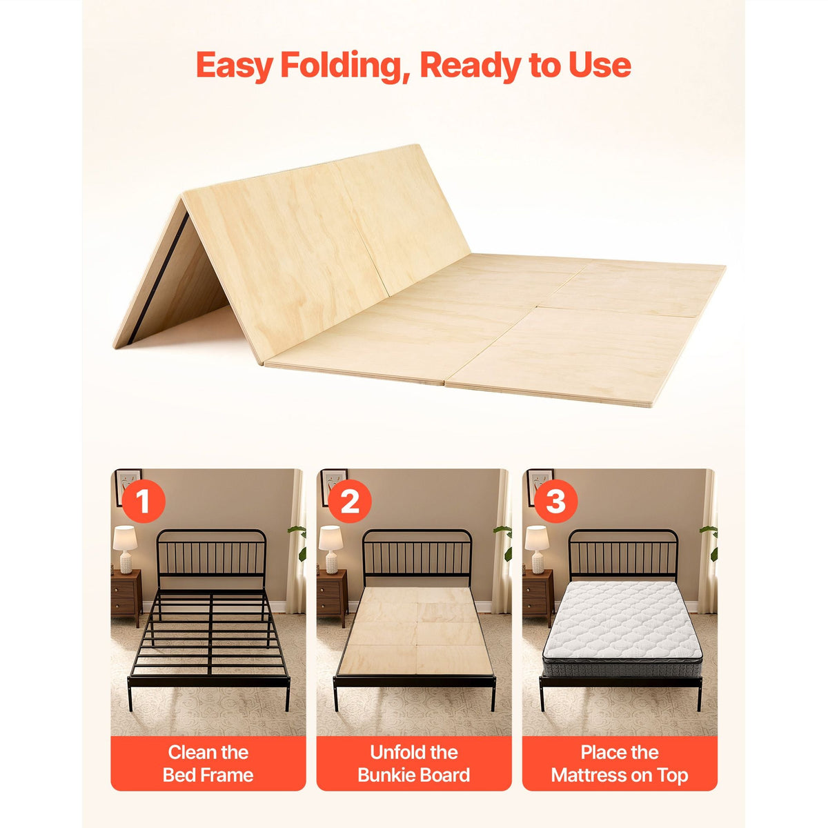 Bunkie Board, Queen Size 76.8 x 58.3 in, Foldable Bed Board Under Mattress with Nylon Webbing, Plywood, Rounded Edges, Anti-Sag Design for Metal Frames, Sleeper Sofas, Platform and Bunk Beds
