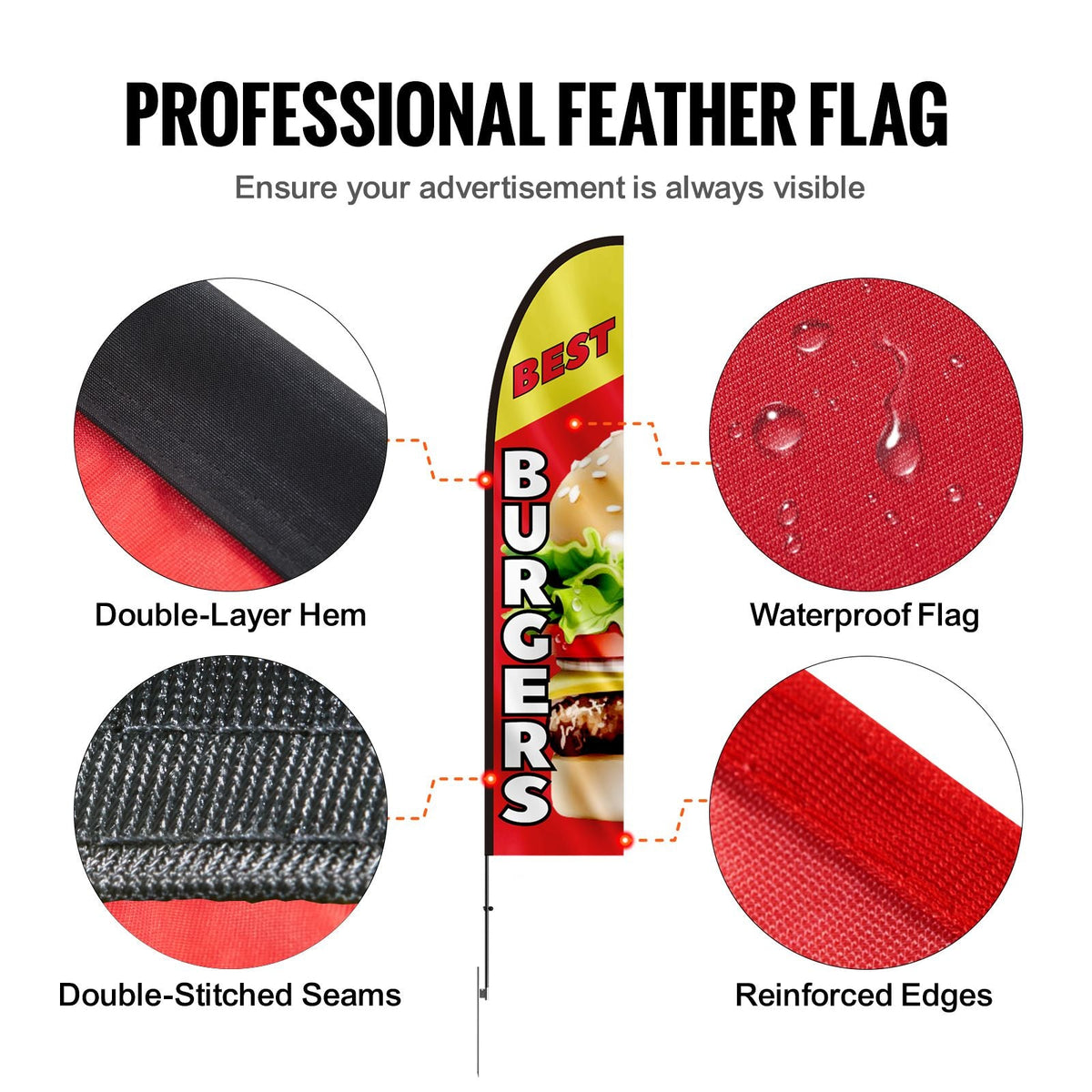 Burger Restaurant Advertising Feather Flag with Pole Kit, Advertising Flags for Business Outside, Includes 1 Banner Flag, 1 Pole, 1 Ground Stake, Swooper Flag for Businesses 16.3 FT