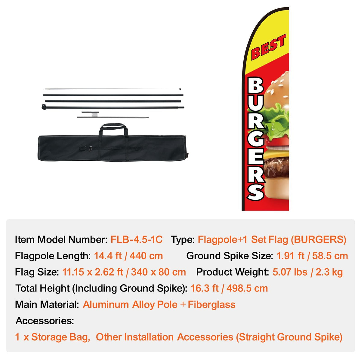 Burger Restaurant Advertising Feather Flag with Pole Kit, Advertising Flags for Business Outside, Includes 1 Banner Flag, 1 Pole, 1 Ground Stake, Swooper Flag for Businesses 16.3 FT