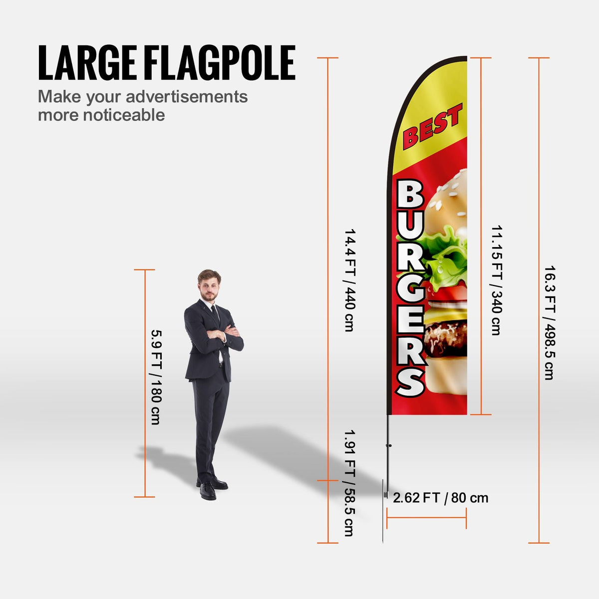 Burger Restaurant Advertising Feather Flag with Pole Kit, Advertising Flags for Business Outside, Includes 1 Banner Flag, 1 Pole, 1 Ground Stake, Swooper Flag for Businesses 16.3 FT