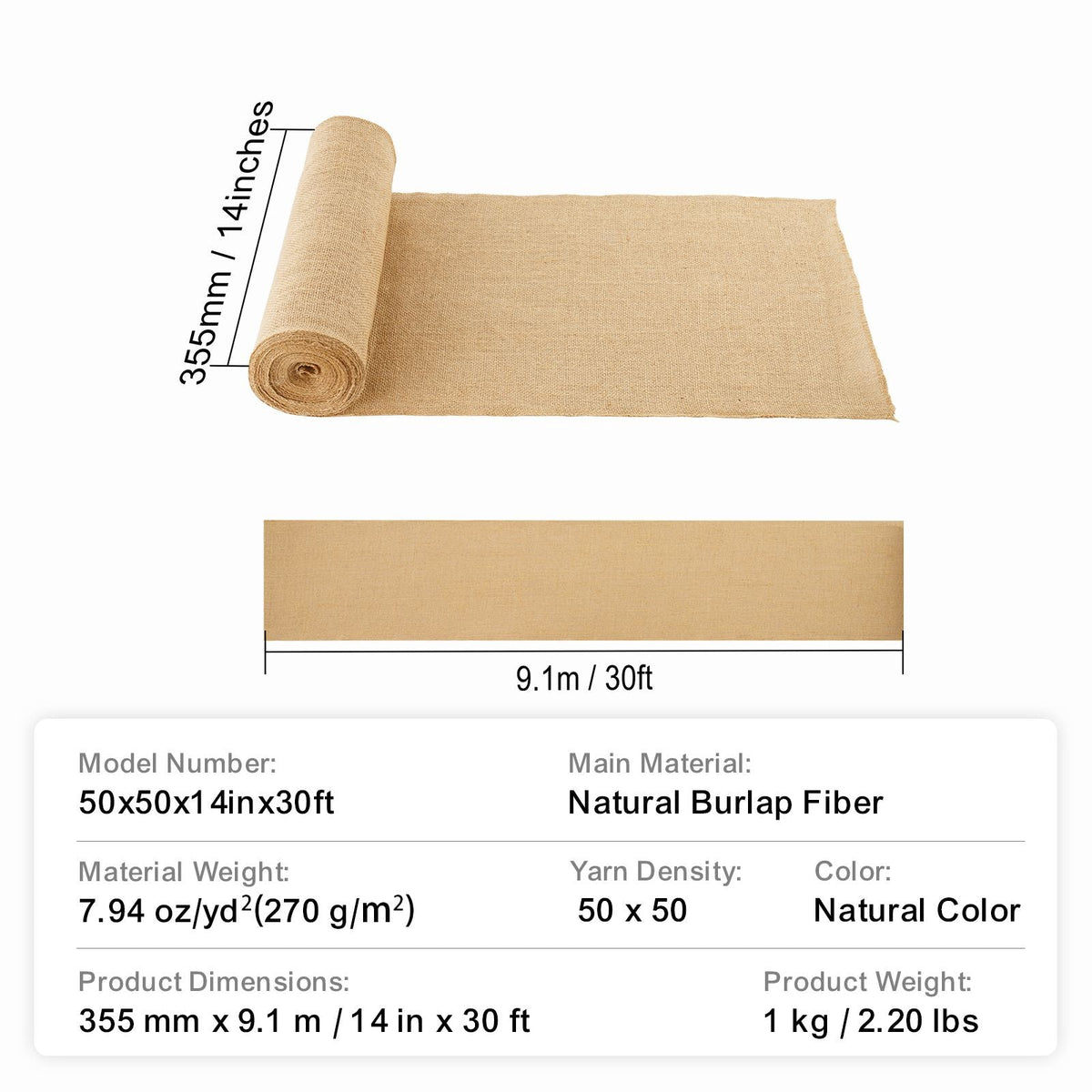 Burlap Fabric Roll, 14 in x 30 ft & 50 x 50 High Density Wide Natural Burlap Fabric Rolls, Jute Fabric Burlap Tree Wrap Roll, for Decor, Crafts, Wedding, Gardening, Plant & Tree Winter Covering