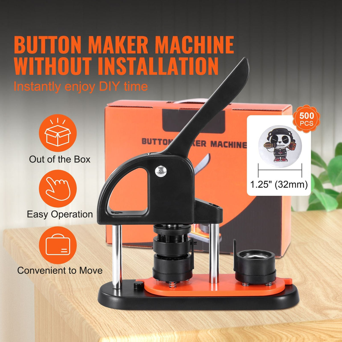 Button Maker, 1.25 inch/32mm Pin Maker with 500pcs Button Parts, Ergonomic Arc Handle Punch Press Kit, Button Maker Machine with Panda Magic Book, For Children DIY Gifts and Christmas