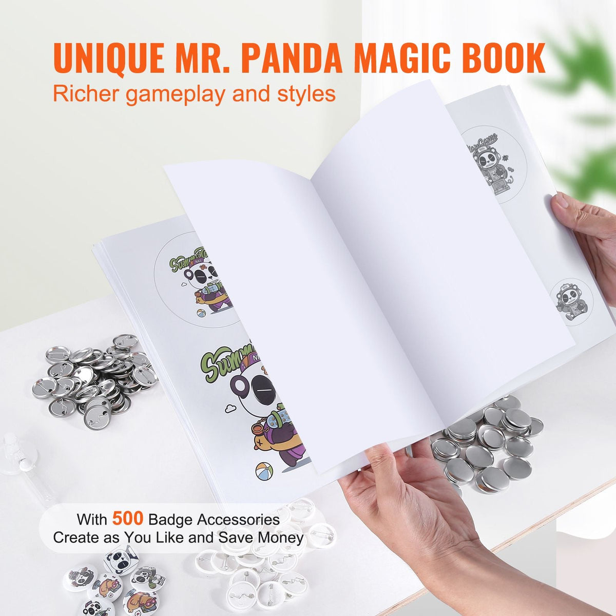 Button Maker, 1.25 inch/32mm Pin Maker with 500pcs Button Parts, Ergonomic Arc Handle Punch Press Kit, Button Maker Machine with Panda Magic Book, For Children DIY Gifts and Christmas