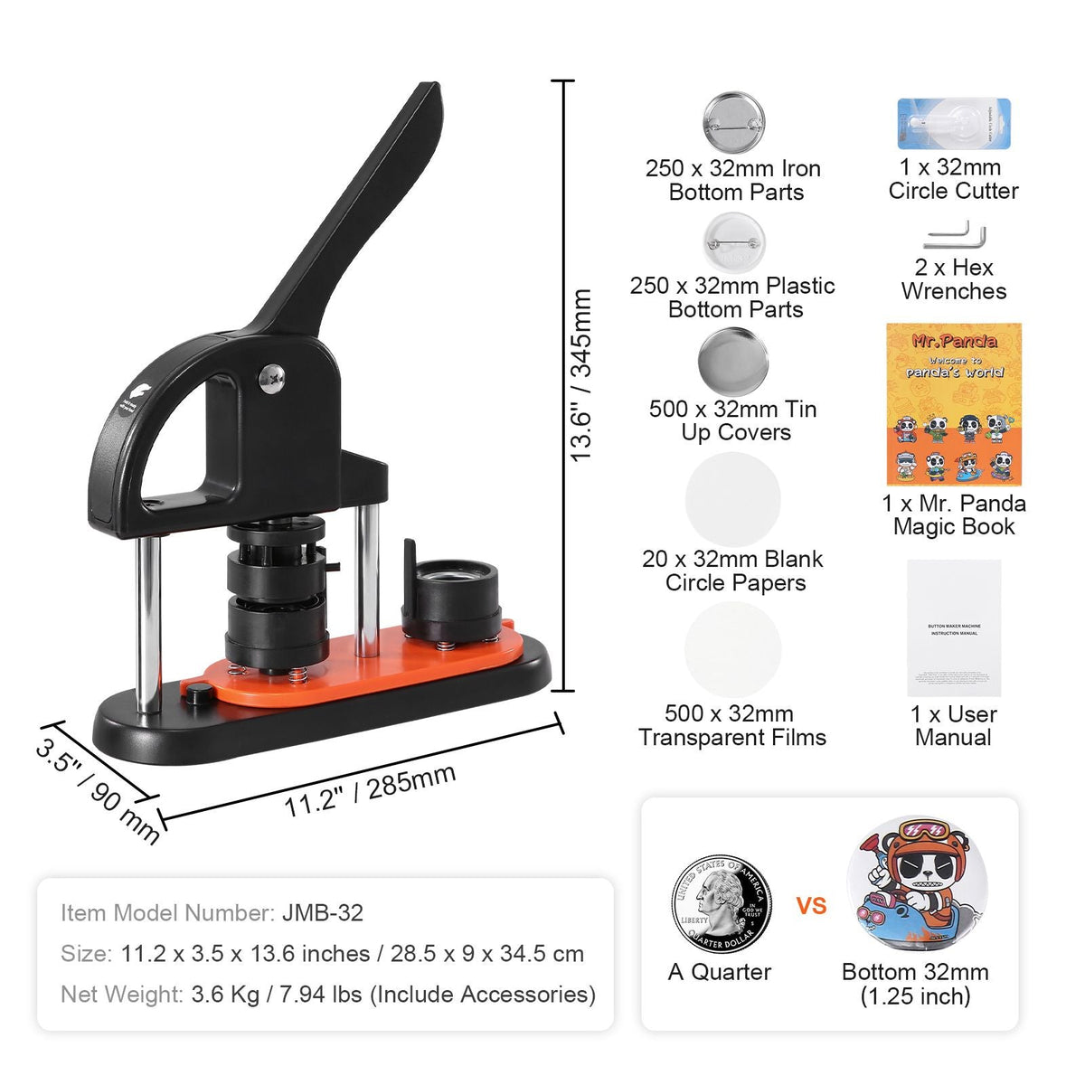Button Maker, 1.25 inch/32mm Pin Maker with 500pcs Button Parts, Ergonomic Arc Handle Punch Press Kit, Button Maker Machine with Panda Magic Book, For Children DIY Gifts and Christmas