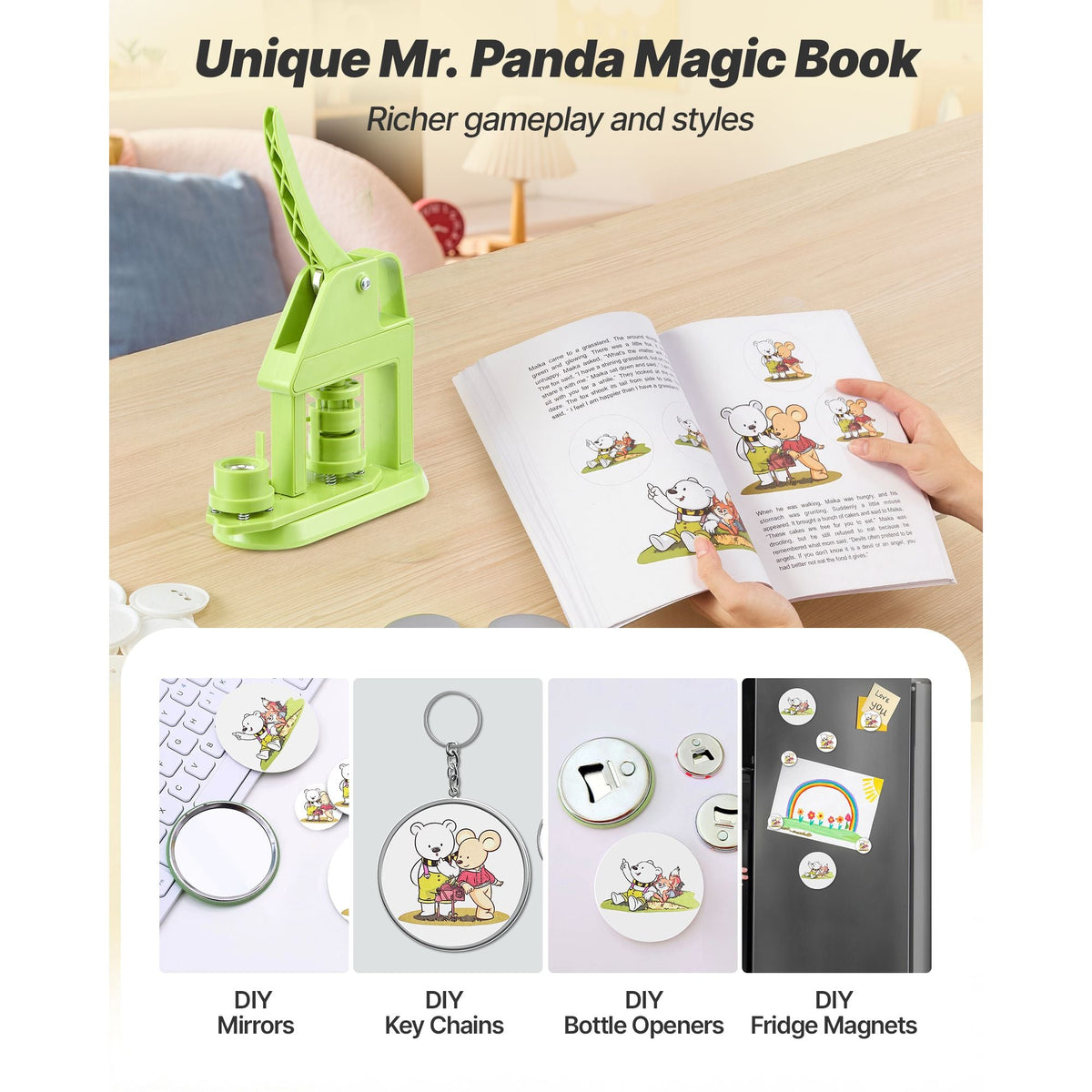 Button Maker Machine, 0.98 in, Plastic Pin Maker with 500pcs Button Parts, Mr. Panda Magic Book, Circle Cutter and Hex Wrenches, Reinforced Ergonomic Handle, for DIY Badges, Personalized Pins