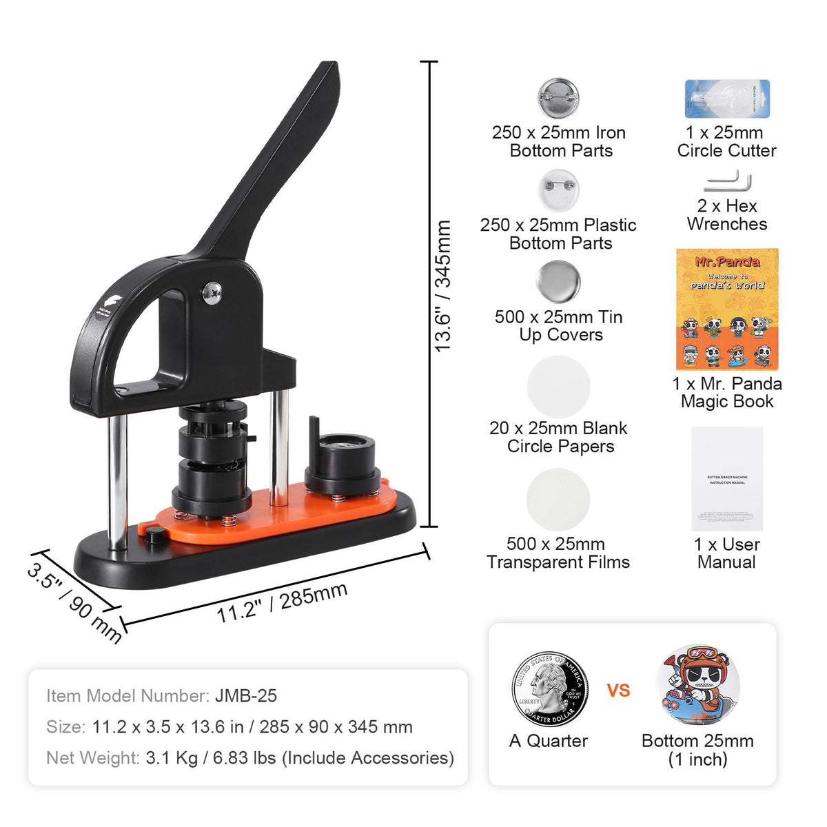 Button Maker Machine, 0.98 inch/25mm Pin Maker with 500pcs Button Parts, Button Maker with Panda Magic Book, Ergonomic Arc Handle Punch Press Kit, For Children DIY Gifts and Christmas