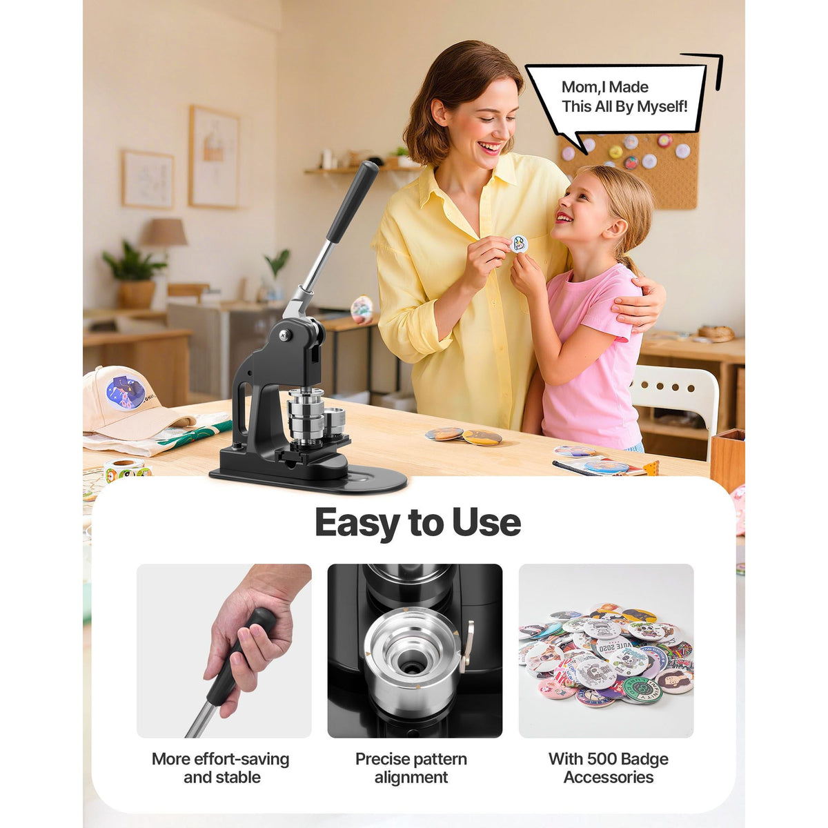 Button Maker Machine, 1.25 in, Pin Maker Machine with 500pcs Button Parts, Circle Cutter, Hex Wrenches and Magic Book, Ergonomic Handle, for DIY Badges, Personalized Pins and Key Chains, Black