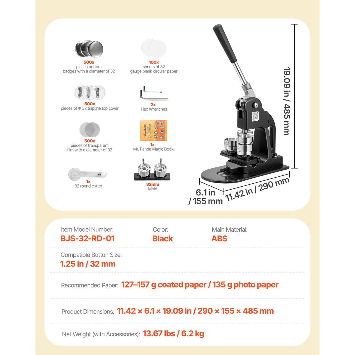Button Maker Machine, 1.25 in, Pin Maker Machine with 500pcs Button Parts, Circle Cutter, Hex Wrenches and Magic Book, Ergonomic Handle, for DIY Badges, Personalized Pins and Key Chains, Black