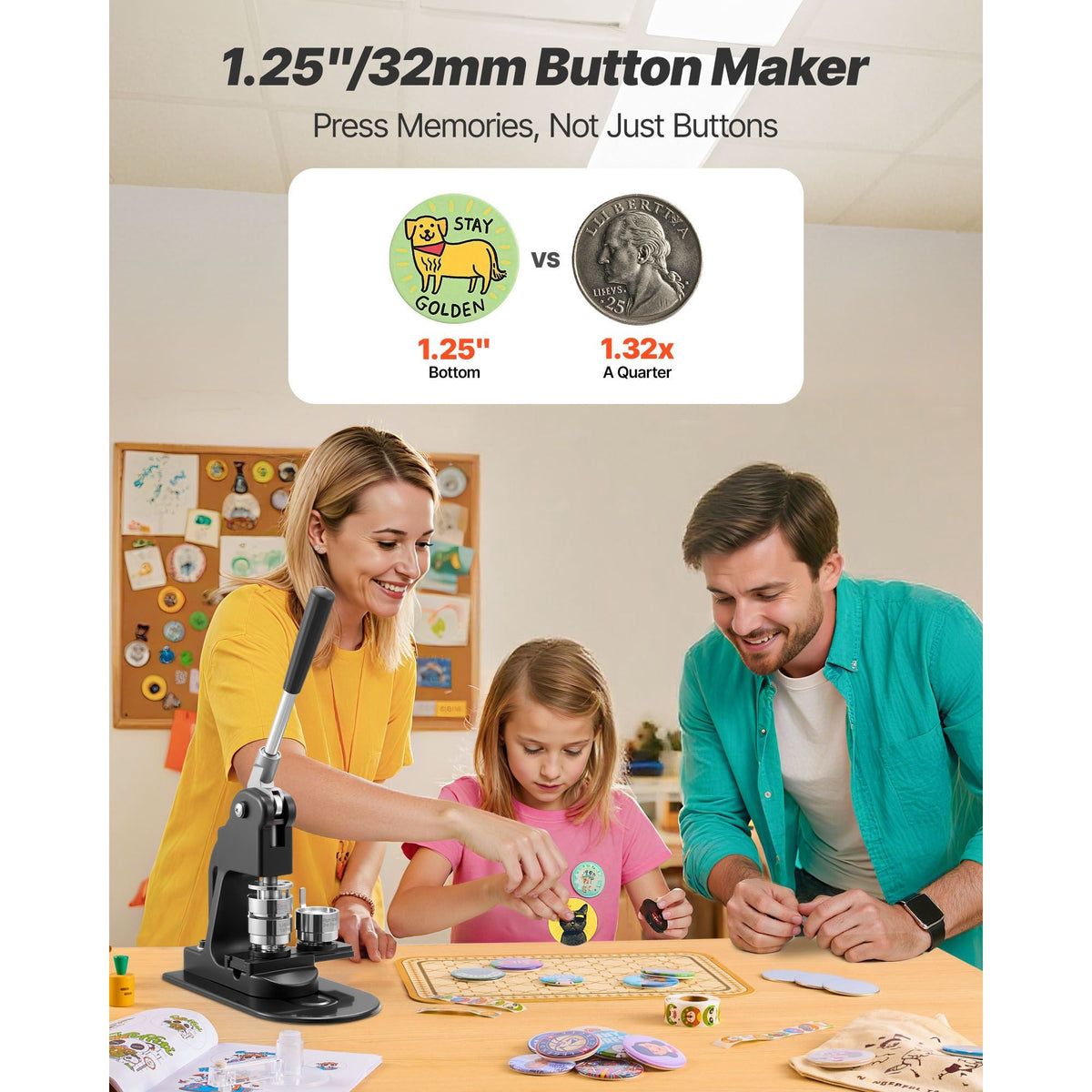 Button Maker Machine, 1.25 in, Pin Maker Machine with 500pcs Button Parts, Circle Cutter, Hex Wrenches and Magic Book, Ergonomic Handle, for DIY Badges, Personalized Pins and Key Chains, Black