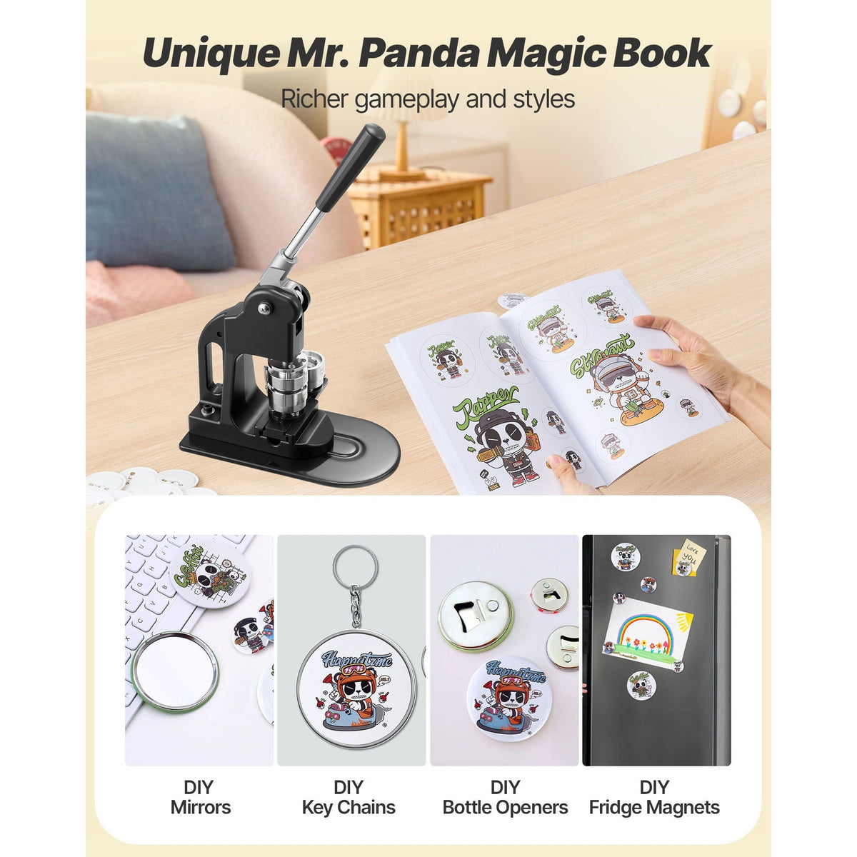 Button Maker Machine, 1.25 in, Pin Maker Machine with 500pcs Button Parts, Circle Cutter, Hex Wrenches and Magic Book, Ergonomic Handle, for DIY Badges, Personalized Pins and Key Chains, Black