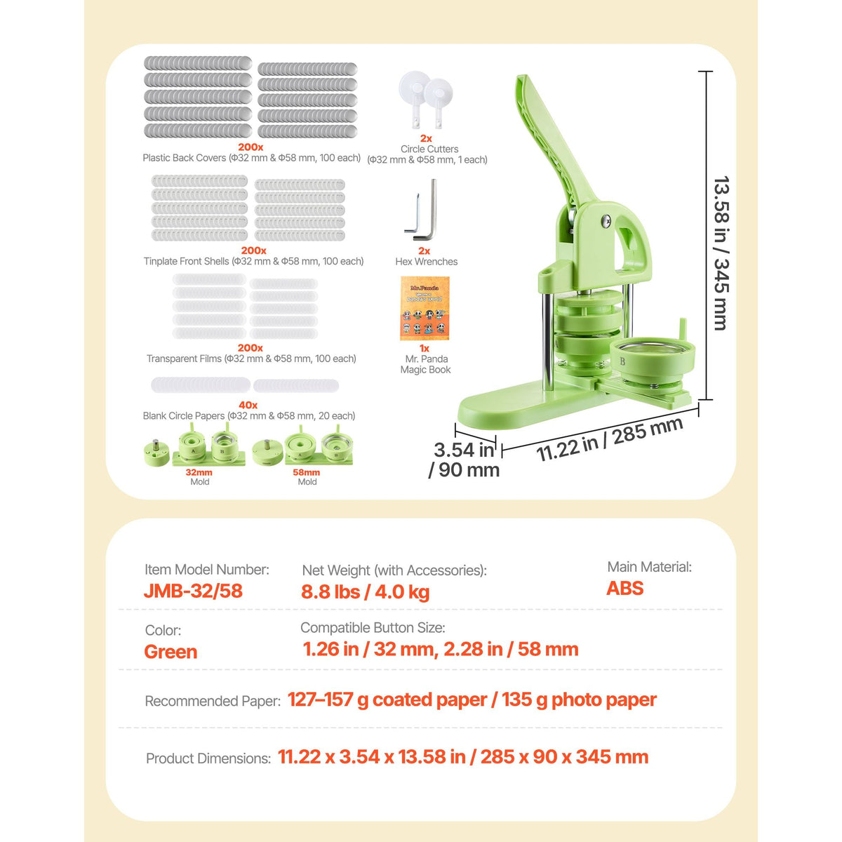 Button Maker Machine, 1.26/2.28 inch 2-in-1, Plastic Pin Maker with 200 pcs Button Parts, Circle Cutter and Magic Book, Reinforced Ergonomic Handle, for DIY Badges, Personalized Pins, Green