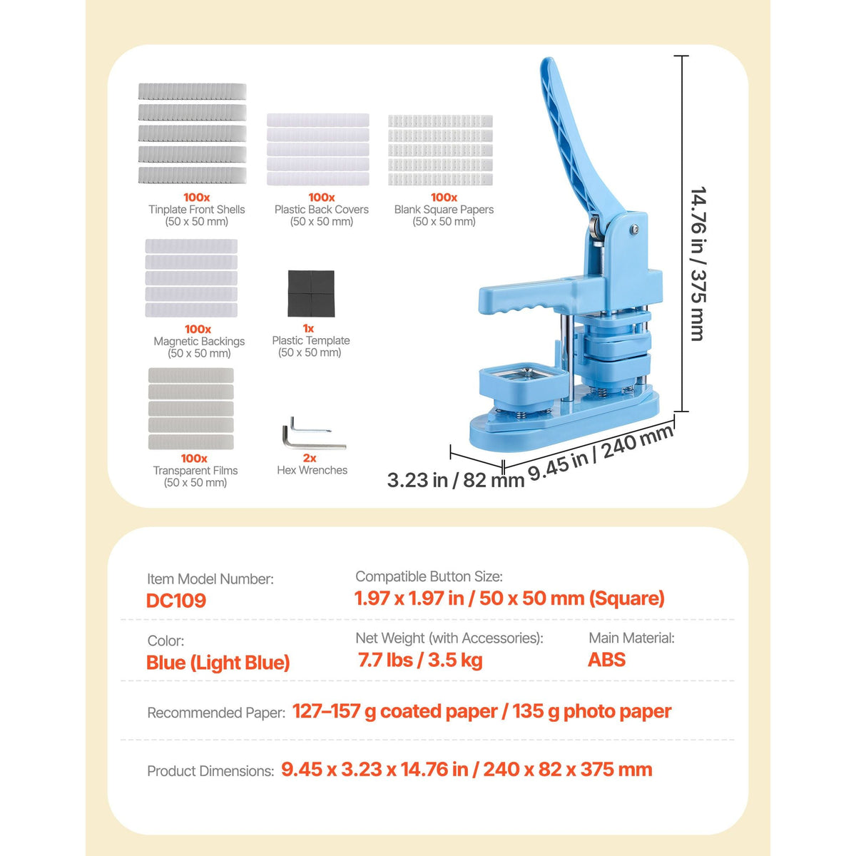 Button Maker Machine, 1.97 x 1.97 in Square, Plastic Pin Maker with Tinplate Front Shells, Plastic Back Covers, Magnetic Backings and Transparent Films, Ergonomic Handle, for DIY Badges, Blue