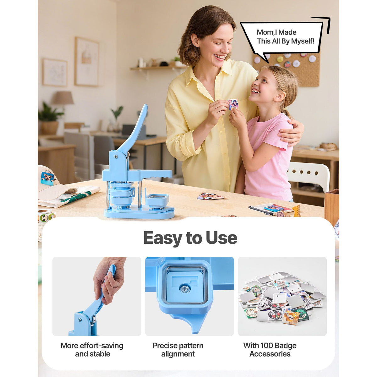 Button Maker Machine, 1.97 x 1.97 in Square, Plastic Pin Maker with Tinplate Front Shells, Plastic Back Covers, Magnetic Backings and Transparent Films, Ergonomic Handle, for DIY Badges, Blue