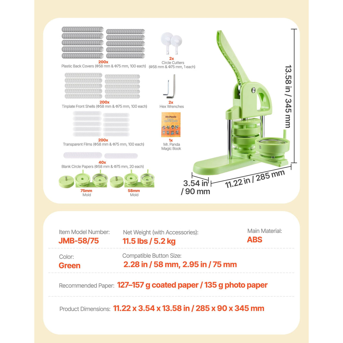 Button Maker Machine, 2.28/2.95 inch 2-in-1, Plastic Pin Maker with 200 pcs Button Parts, Circle Cutter and Magic Book, Reinforced Ergonomic Handle, for DIY Badges, Personalized Pins, Green
