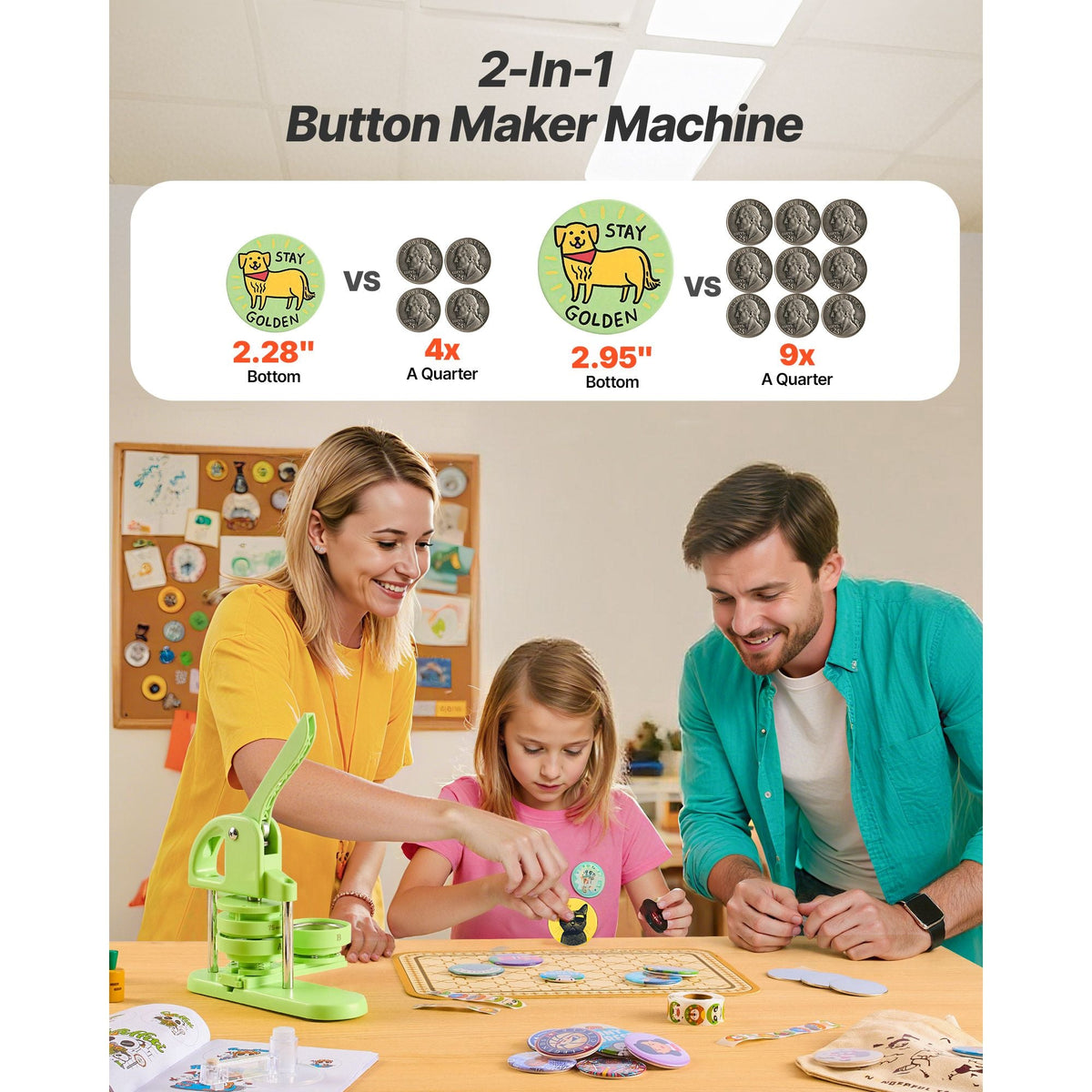 Button Maker Machine, 2.28/2.95 inch 2-in-1, Plastic Pin Maker with 200 pcs Button Parts, Circle Cutter and Magic Book, Reinforced Ergonomic Handle, for DIY Badges, Personalized Pins, Green