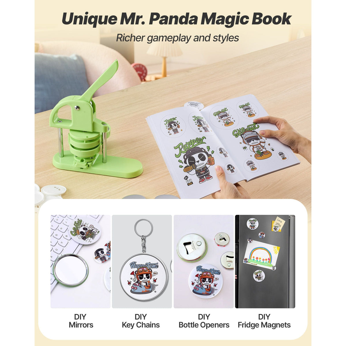 Button Maker Machine, 2.95 in, Plastic Pin Maker with 100pcs Button Parts, Circle Cutter and Magic Book, Reinforced Ergonomic Handle, for DIY Badges, Personalized Pins and Key Chains, Green