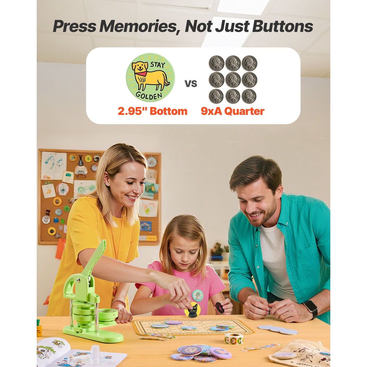 Button Maker Machine, 2.95 in, Plastic Pin Maker with 100pcs Button Parts, Circle Cutter and Magic Book, Reinforced Ergonomic Handle, for DIY Badges, Personalized Pins and Key Chains, Green