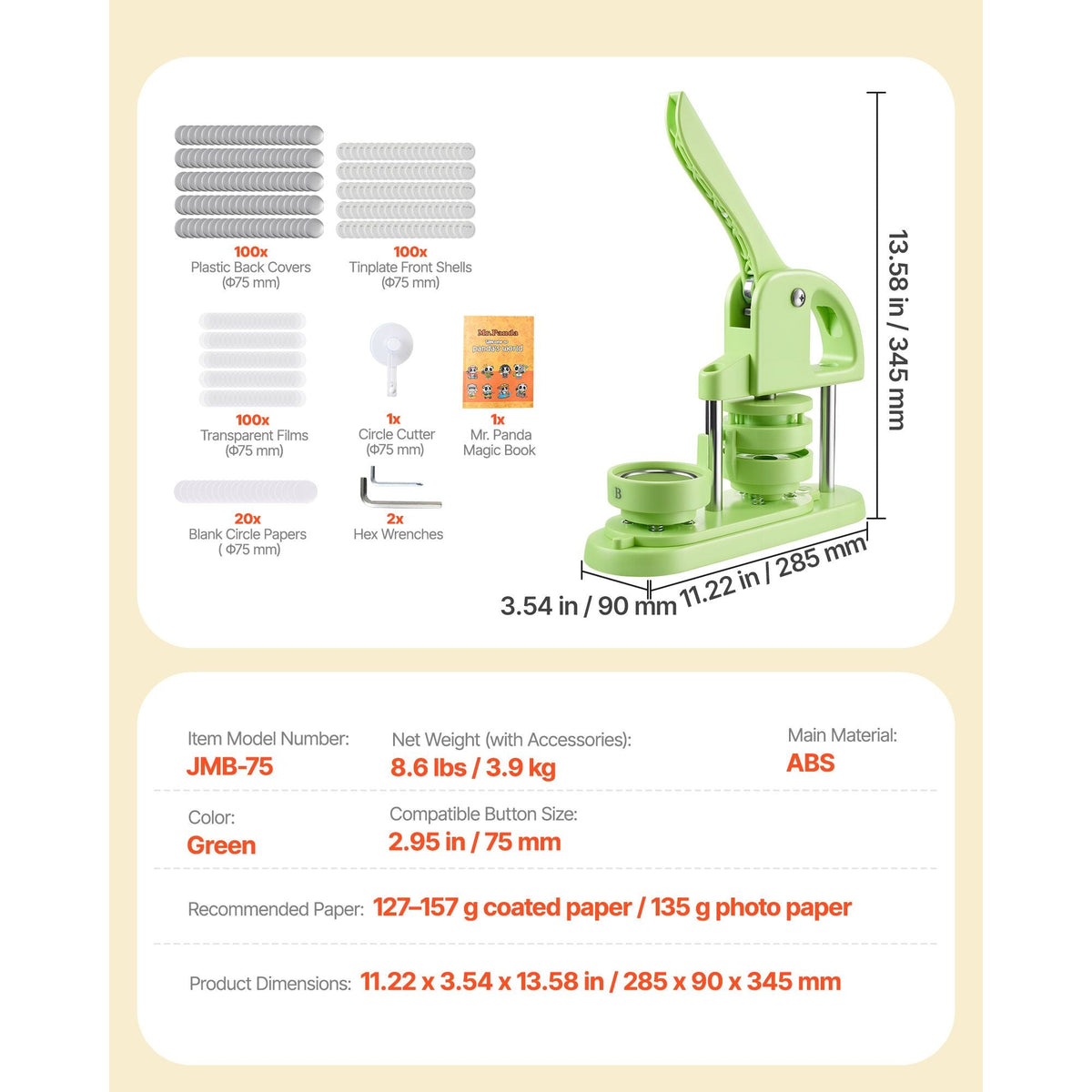 Button Maker Machine, 2.95 in, Plastic Pin Maker with 100pcs Button Parts, Circle Cutter and Magic Book, Reinforced Ergonomic Handle, for DIY Badges, Personalized Pins and Key Chains, Green