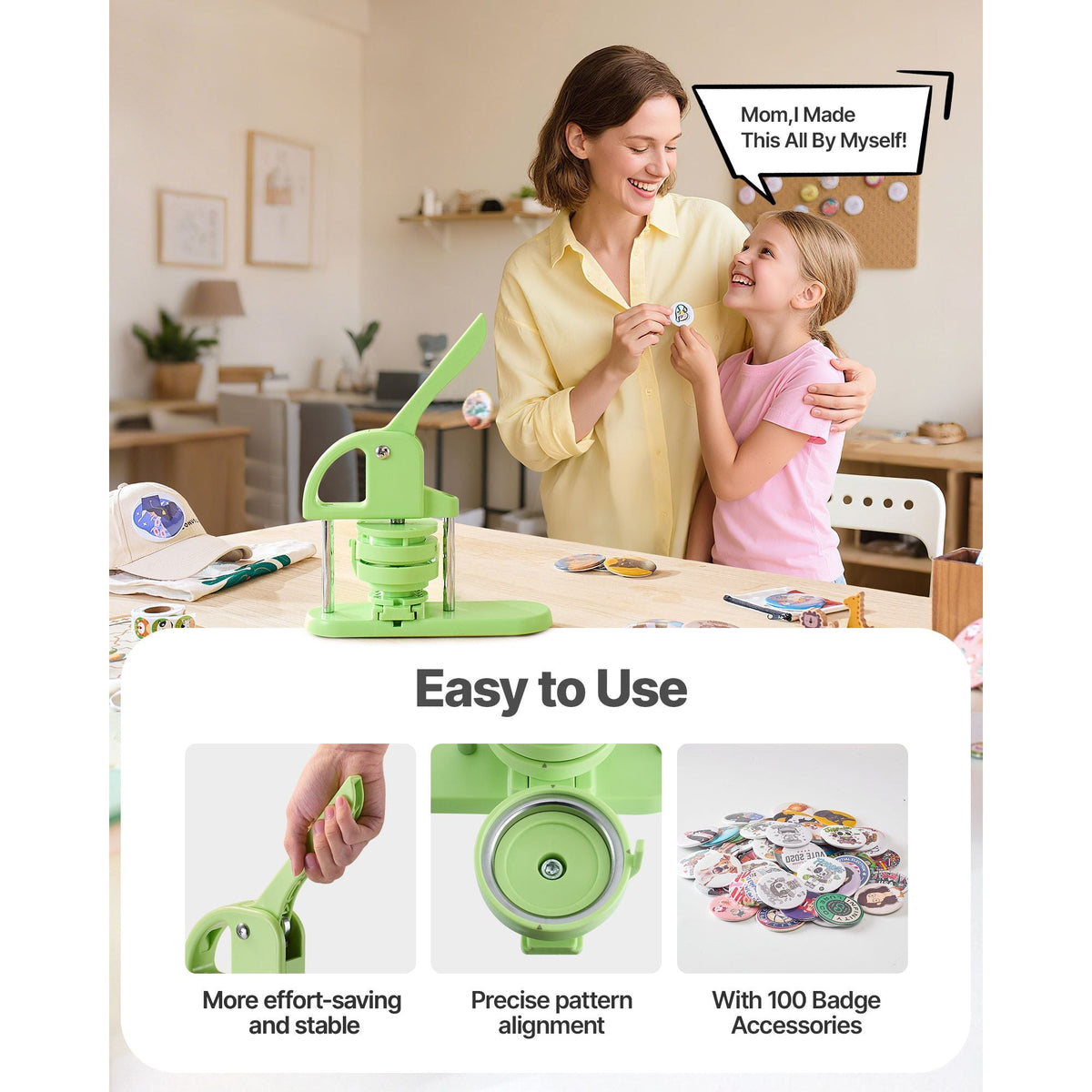 Button Maker Machine, 2.95 in, Plastic Pin Maker with 100pcs Button Parts, Circle Cutter and Magic Book, Reinforced Ergonomic Handle, for DIY Badges, Personalized Pins and Key Chains, Green