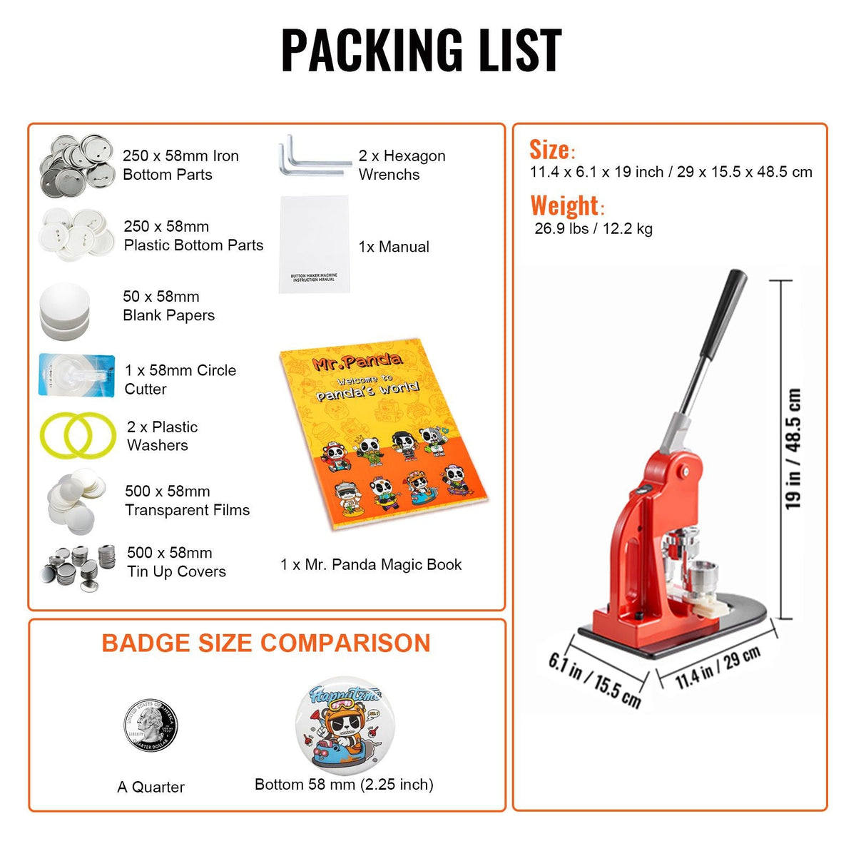 Button Maker Machine, 58 mm (2.25 inch) Badge Punch Press Kit, Children DIY Gifts Pin Maker, Button Making Supplies with 500pcs Button Parts & Circle Cutter & Magic Book