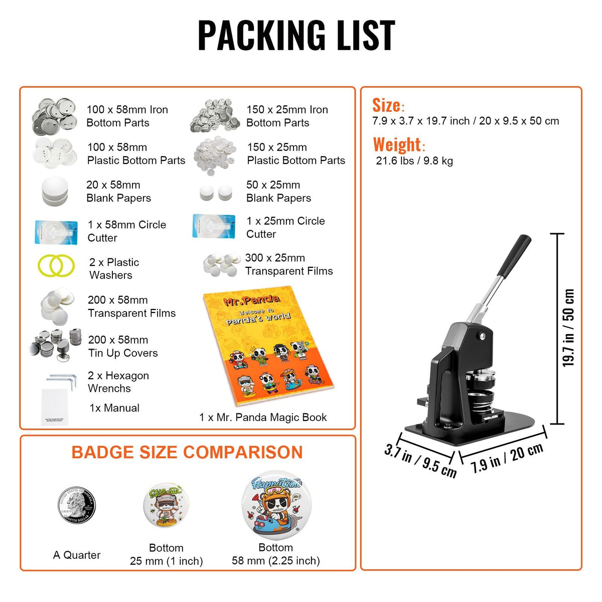 Button Maker Machine, Multiple Sizes 1+2.25 Inch Badge Punch Press Kit, Children DIY Gifts Pin Maker, Button Making Supplies with 500pcs Button Parts & Circle Cutter & Magic Book