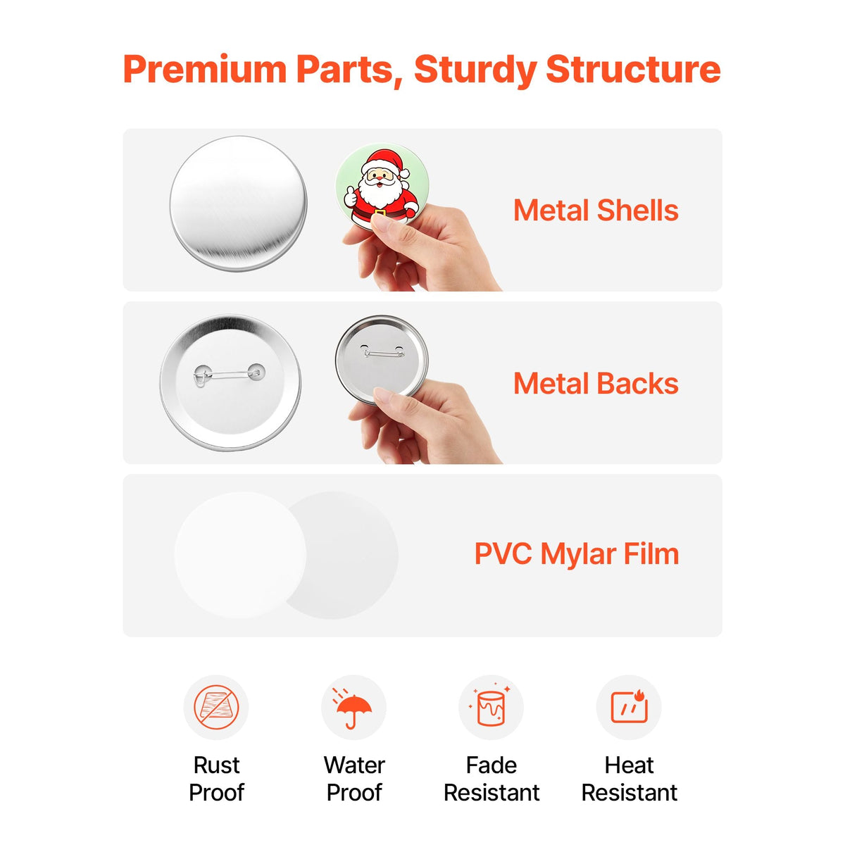 Button Maker Supplies 100 Sets 2.95 in / 75 mm Pin Back Button Parts, with Metal Backs, Metal Shells, Clear Mylar Films, and Blank Circle Papers, for Home DIY, School Events, and Custom Studio