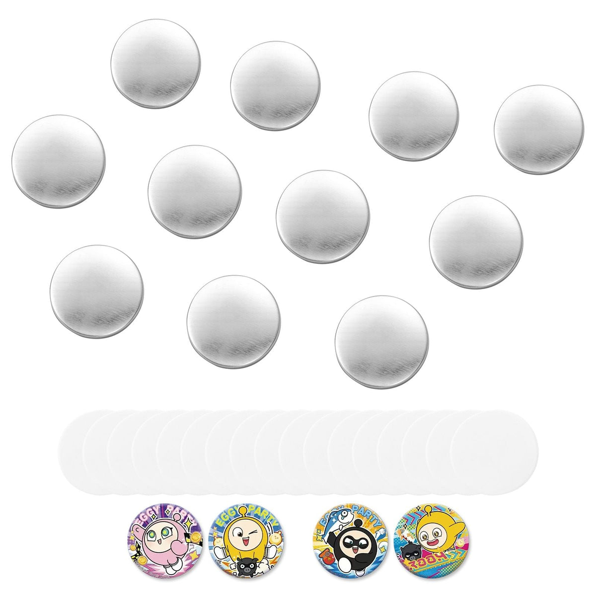Button Maker Supplies 100 Sets 2.95 in / 75 mm Pin Back Button Parts, with Metal Backs, Metal Shells, Clear Mylar Films, and Blank Circle Papers, for Home DIY, School Events, and Custom Studio
