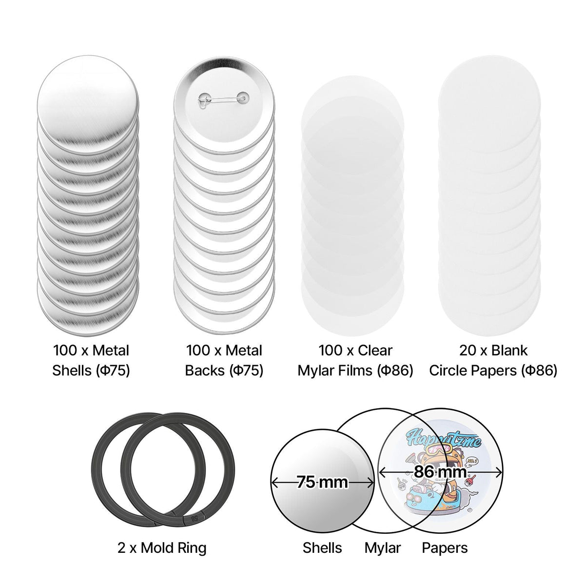 Button Maker Supplies 100 Sets 2.95 in / 75 mm Pin Back Button Parts, with Metal Backs, Metal Shells, Clear Mylar Films, and Blank Circle Papers, for Home DIY, School Events, and Custom Studio