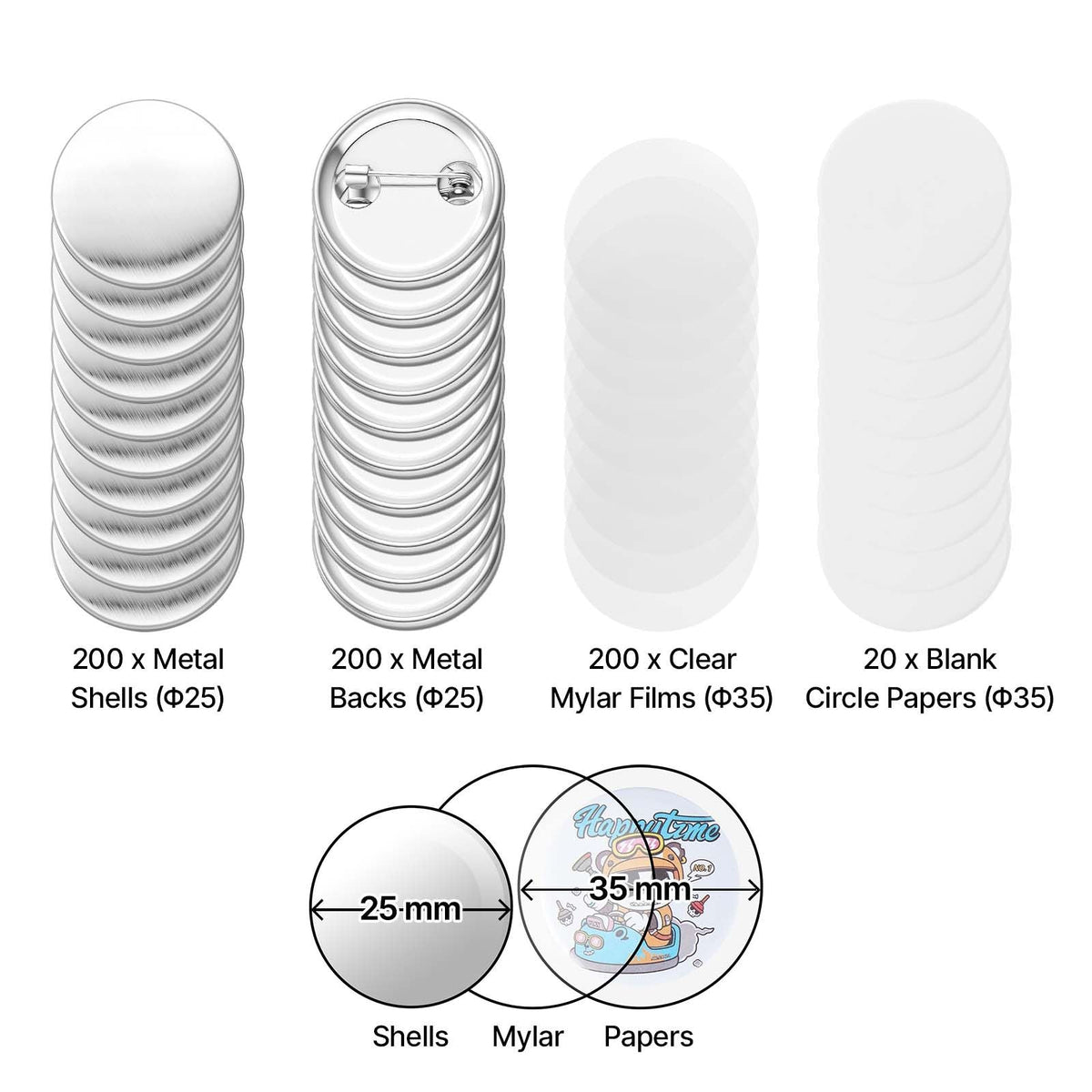 Button Maker Supplies 200 Sets 0.98 in / 25 mm Pin Back Button Parts, with Metal Backs, Metal Shells, Clear Mylar Films, and Blank Circle Papers, for Home DIY, School Events, and Custom Studio