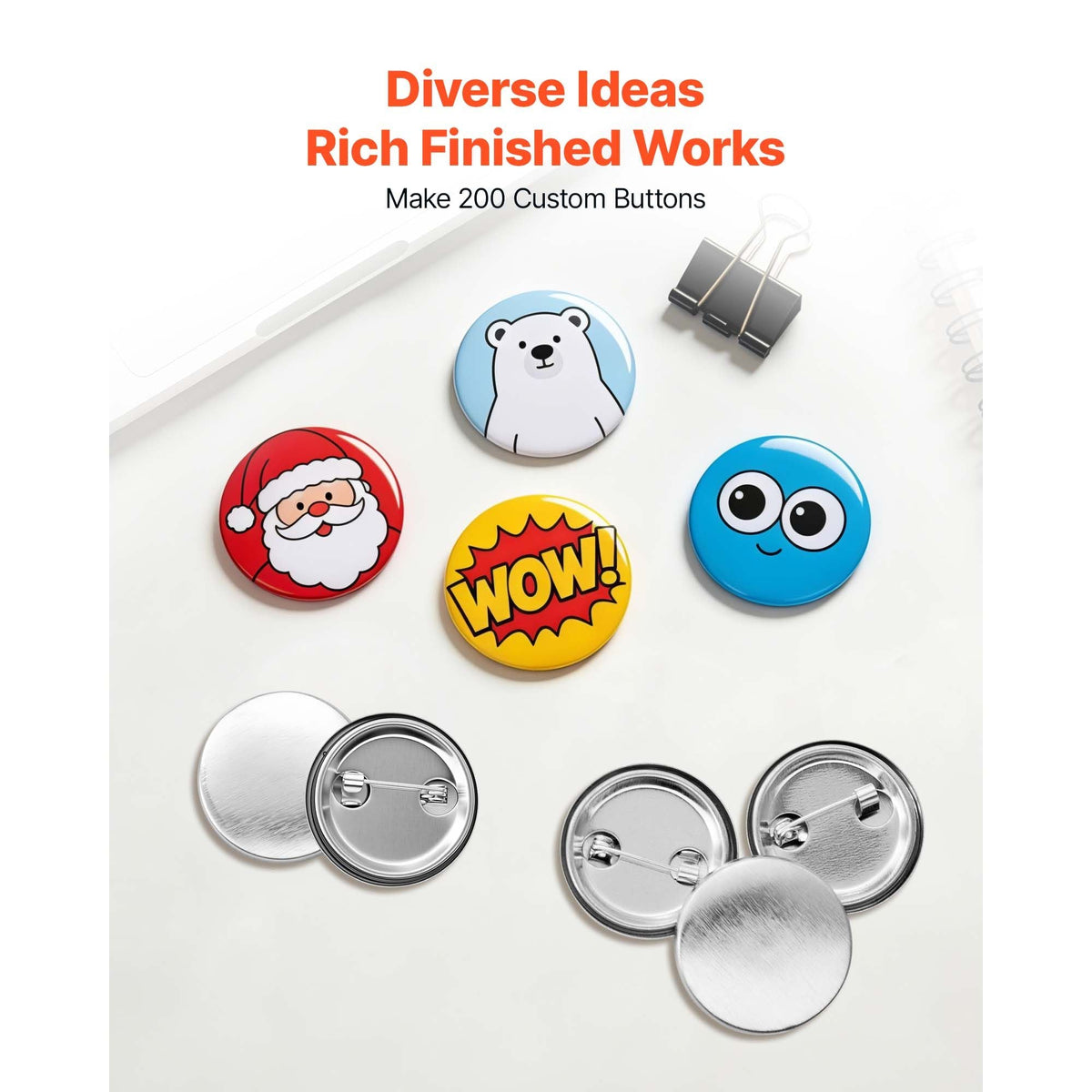 Button Maker Supplies 200 Sets 0.98 in / 25 mm Pin Back Button Parts, with Metal Backs, Metal Shells, Clear Mylar Films, and Blank Circle Papers, for Home DIY, School Events, and Custom Studio