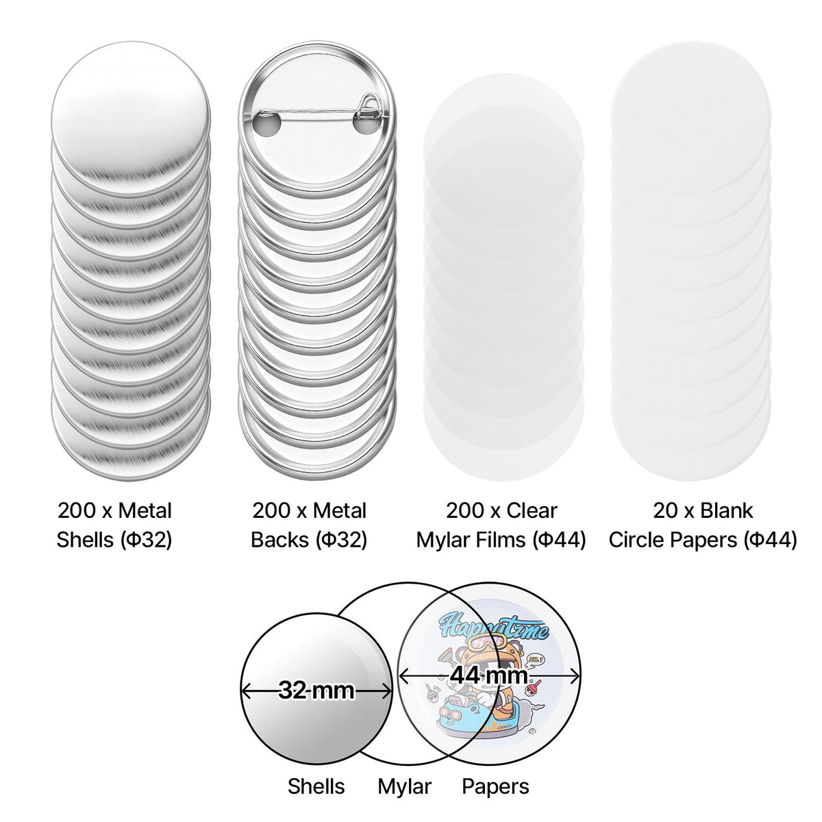 Button Maker Supplies 200 Sets 1.26 in / 32 mm Pin Back Button Parts, with Metal Backs, Metal Shells, Clear Mylar Films, and Blank Circle Papers, for Home DIY, School Events, and Custom Studio