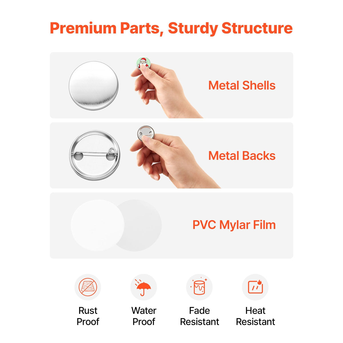 Button Maker Supplies 200 Sets 1.26 in / 32 mm Pin Back Button Parts, with Metal Backs, Metal Shells, Clear Mylar Films, and Blank Circle Papers, for Home DIY, School Events, and Custom Studio